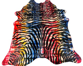 Crazy Zebra Print Cowhide Rug - Size: 8x7 feet # D-627