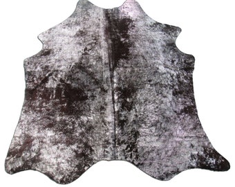 Natural Dark Cowhide Rug with Silver Metallic Splatter - Size: 7x6 feet # C-1588