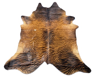 Beautiful Small Tiger Print Cowhide Rug (background is brown 2 tone) - Size: 8x7 feet # O-366