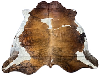Huge Brown Tricolor Cowhide Rug (predominantly brown) - Size: 8x7 feet # D-229