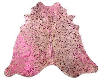 Pink Metallic Cowhide Rug / Acid Washed, Pink Cowhide Rug, Pink Hide Rug, Pink Area Rug, Pink Cowhide Carpet - Approx. Size: 7 x 7 FT