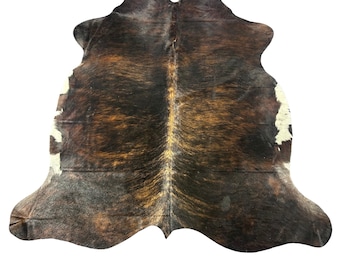 Dark Brindle Cowhide Rug with White Belly - Size: 7x6.5 feet # D-841
