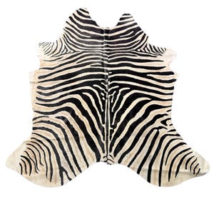 Genuine Zebra Print Cowhide Rug (1 small patch/ hard to see fire brands) - Size: 7x6.2 feet # Z-396
