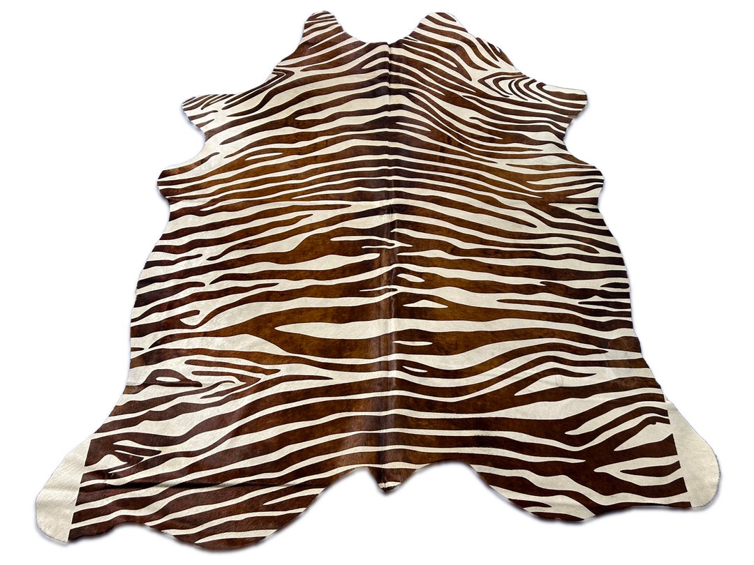 Zebra Print Cowhide Rug brown Stripes/2 Small Patches Size 7x6.2 Feet