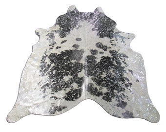 Black & White Cowhide Rug with Silver Metallic Acid Washed - Size: 7x6 feet # O-1154
