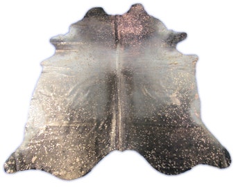 Rose Gold Metallic Cowhide Rug on Natural Grey Cowhide Rug - Size: 8x6.5 feet # O-296