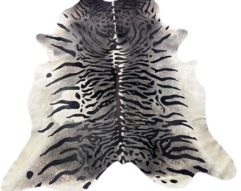 Tiger Print Cowhide Rug on Dark Grey Background (big light grey spot) - Size: 8x7 feet # Z-080