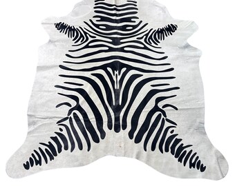 Zebra Cowhide Rug (good quality/ one small beige spot at the bottom/1 stitch) - Size: 7x6.2 feet # Y-085