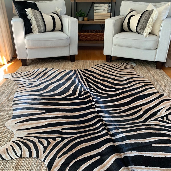 Zebra Print Cowhide Rug - Genuine Pattern / Brown Inner Stripes