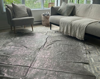 Dark Silver Acid Washed Cowhide Rug on Grey Background (1 scratch line) FREE MINI COWHIDE with purchase- Size: 7x6.5 feet # C-1809