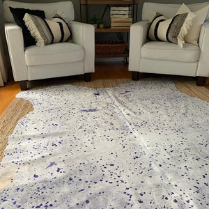 Purple Metallic Acid Washed Cowhide Rug, Purple Hide Rug, Metallic Cowhide Carpet - Size: 7 1/2 x 7 FT