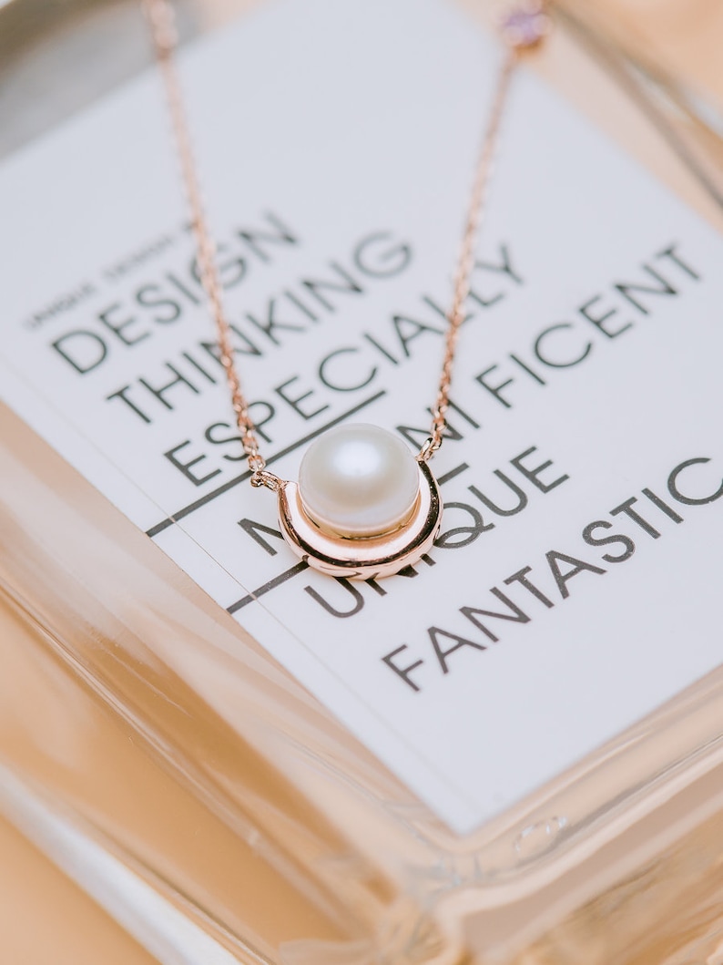 HIWNESS The Dewdrops Necklace 14K Solid Rose Gold minimalist Pearl NecklaceDainty Pearl necklace with pink sapphire