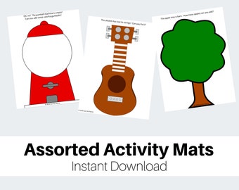 May include: Three printable activity mats for kids. The first mat shows a red gumball machine with the text "Oh no! The gumball machine is empty! Can you add some colorful gumballs?" The second mat shows a brown ukulele with the text "The ukulele has lost its strings! Can you fix it?" The third mat shows a green apple tree with the text "The apple tree is bare. How many apples can you add?"