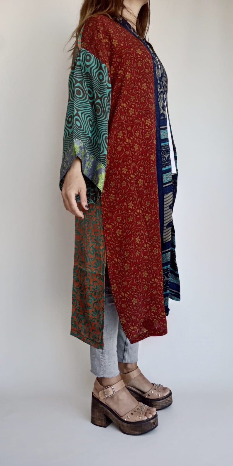 Imperfect Piece. Patchwork Silk Robe Kimono Jacket Boho Kimono Robe