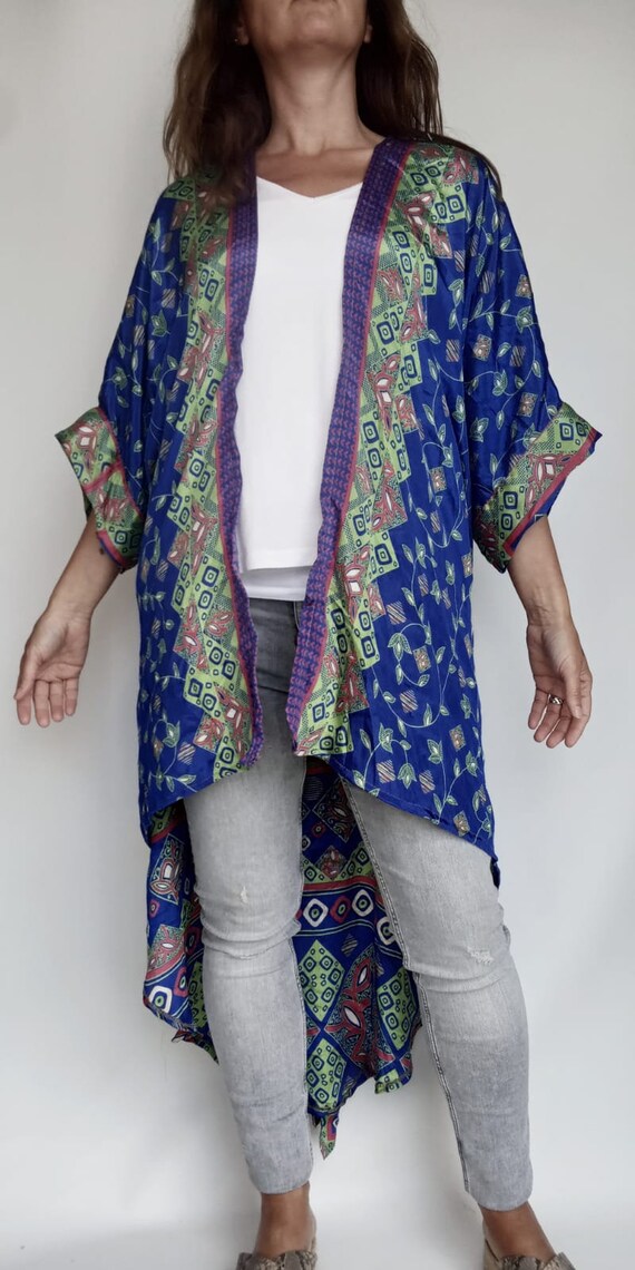 Kimono Robe de seda asimétrica azul. Chaqueta Kimono de seda. | Etsy México