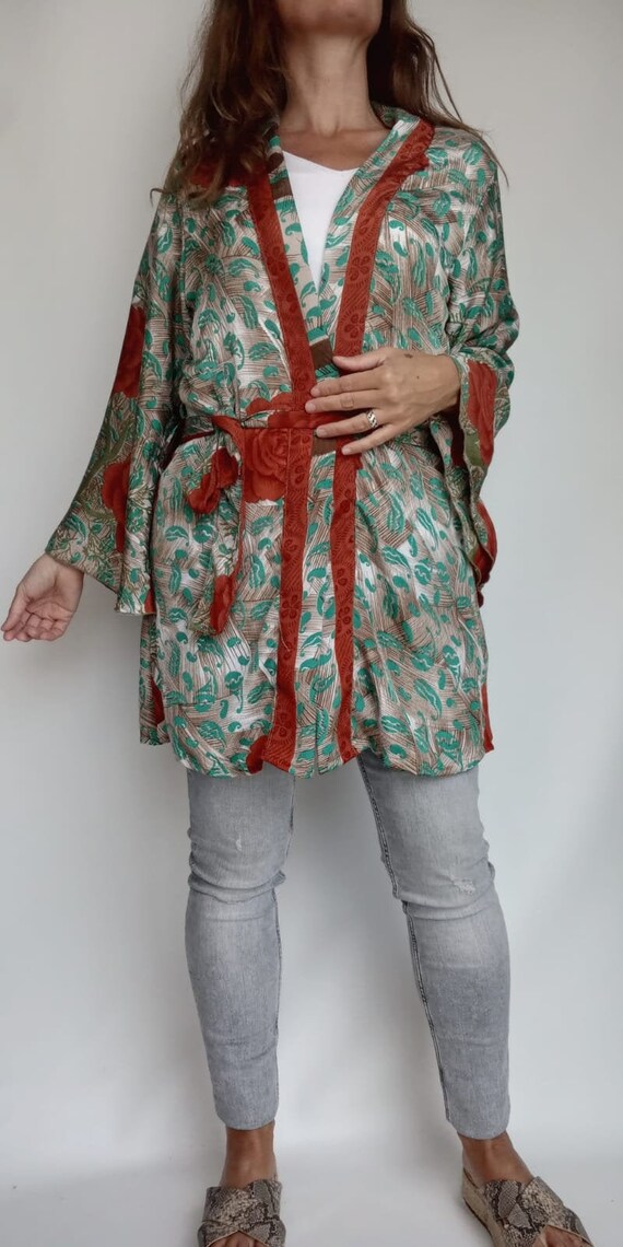 Floral Short Silk Kimono Robe. Boho 