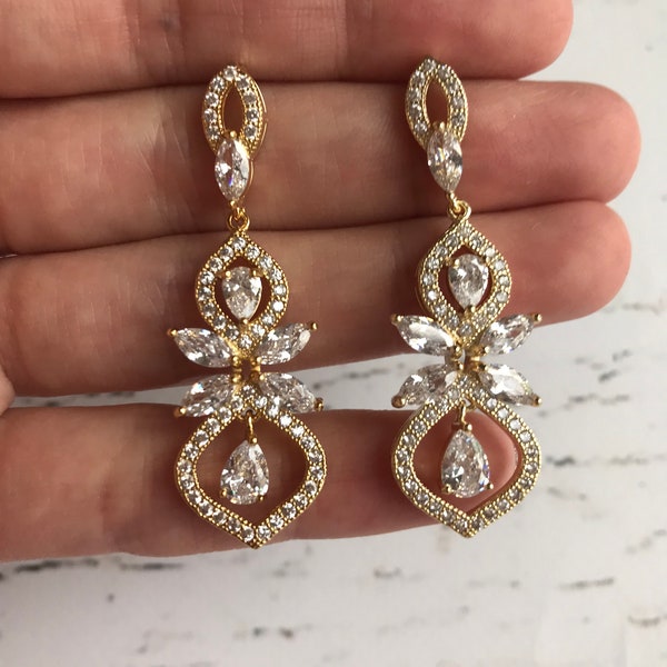 Gold bridal earrings Gold wedding earrings Cubic Zirconia earrings  Gold rhinestone earrings Teardrop Earrings Long Bridal earrings