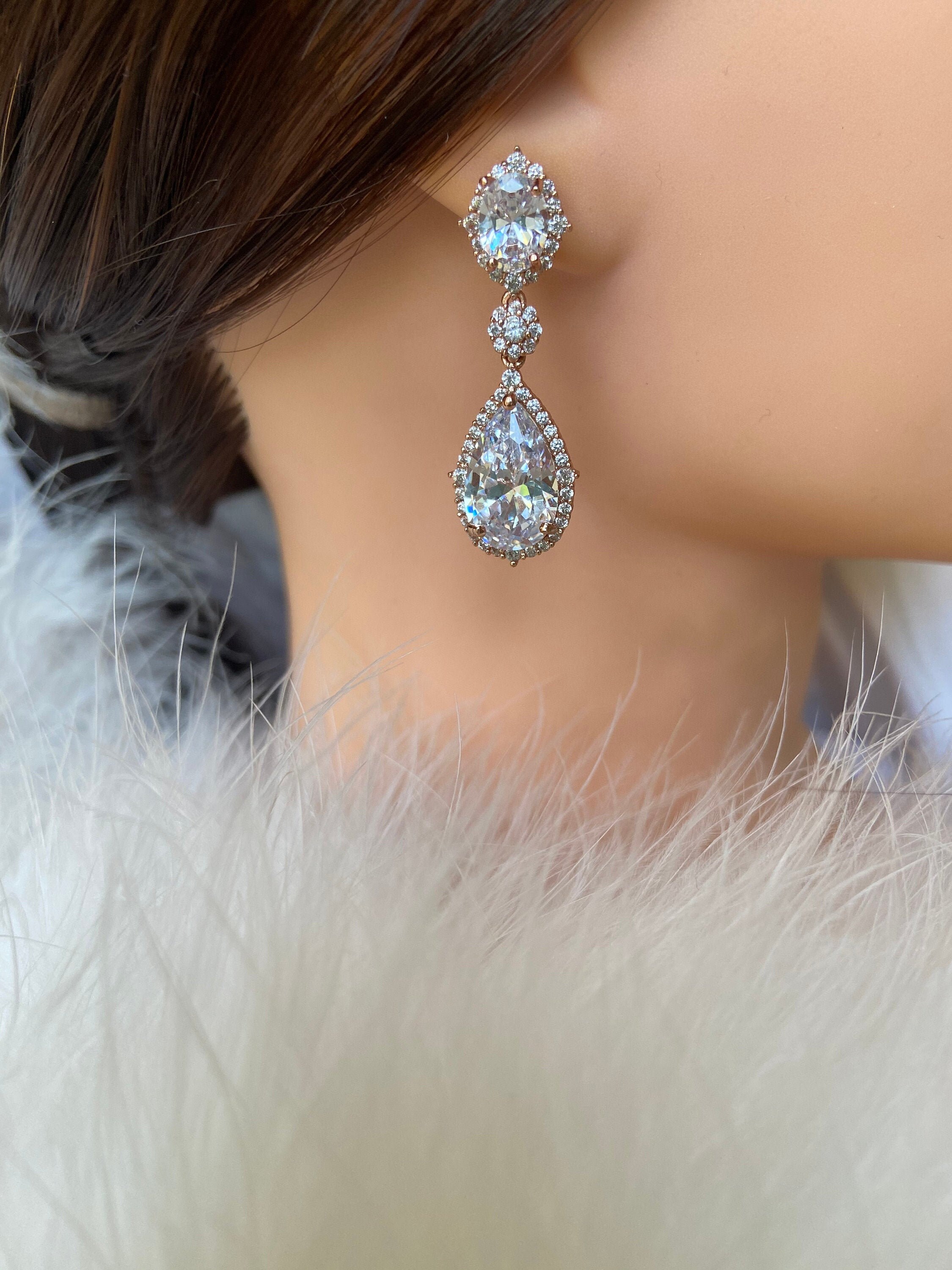 Rose Gold Wedding Oorbellen Rose bruiloft sieraden Rose gouden oorbellen Crystal drop oorbellen