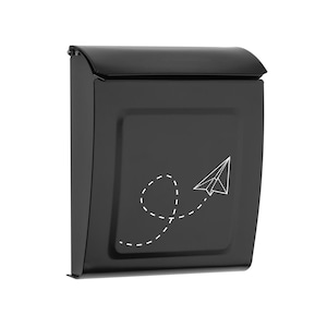 May include: Black metal mailbox with a white paper airplane graphic and a dashed line path.