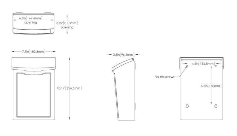 Puede incluir: Un buz&oacute;n de metal blanco con una abertura de 16,8 cm por 8,1 cm. El buz&oacute;n tiene 18 cm de ancho, 25,7 cm de alto y 9,7 cm de profundidad. Se adapta a tornillos #8 y tiene dos orificios de montaje en la parte posterior.