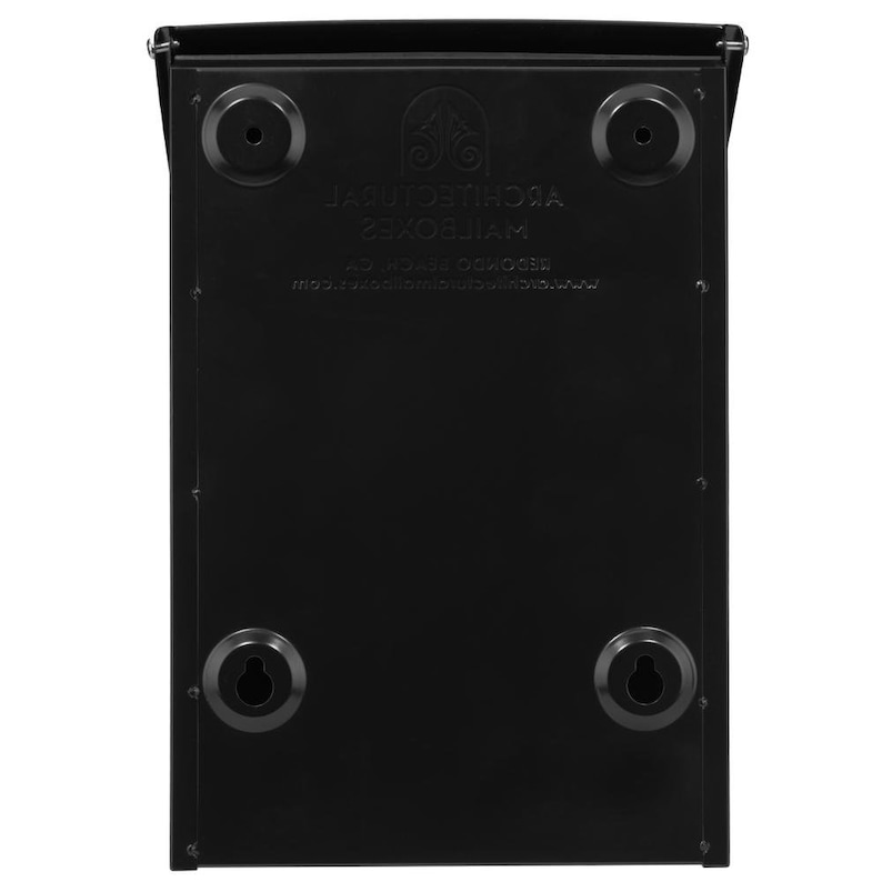 Puede incluir: Buz&oacute;n de metal negro con el texto "MAILBOXES" y "ARCHITECTURAL" en la parte delantera. El buz&oacute;n tiene cuatro agujeros de montaje en la parte posterior.