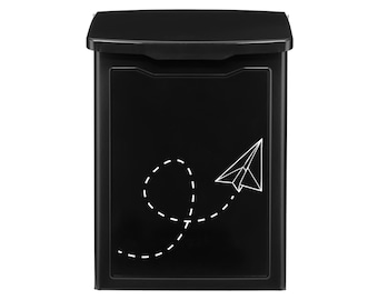 Buzón de pared elegante con diseño de avión de papel negro: diseño moderno para guardar correo con estilo en exteriores.