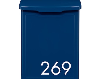 Moderner zeitgenössischer Briefkasten, personalisierter Wandbriefkasten, Wandbriefkasten, blauer Metallbriefkasten, individuelle Briefkastennummern