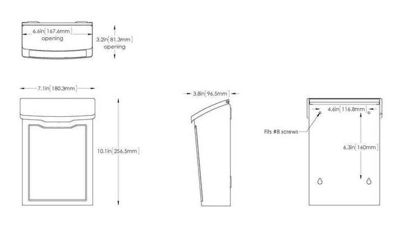 Puede incluir: Un buz&oacute;n de metal blanco con una abertura de 16,8 cm por 8,1 cm. El buz&oacute;n tiene 18 cm de ancho, 25,7 cm de alto y 9,7 cm de profundidad. Se adapta a tornillos #8 y tiene dos orificios de montaje en la parte posterior.
