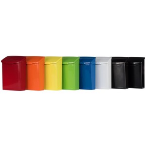 Puede incluir: Una fila de diez buzones de diferentes colores, incluyendo rojo, naranja, amarillo, verde, azul, blanco, negro y gris.