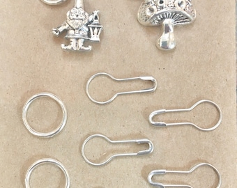 Knitting Stitch Markers and Stitch Holders · Set of 9 · Gnome Mushroom