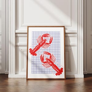 Gingham Cottagecore Lobster Print | Plakat z owocami morza i skorupiakami | Fajna dziewczęca estetyczna dekoracja ścienna | Wydruk kuchenny do pobrania w wersji cyfrowej |