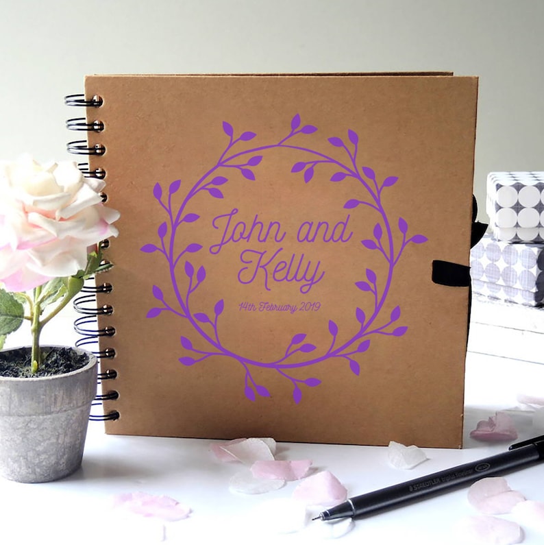 Personalised Wreath Design Spiral bound Hard back Guest book 8x8Wreath Design NEW COLOURS