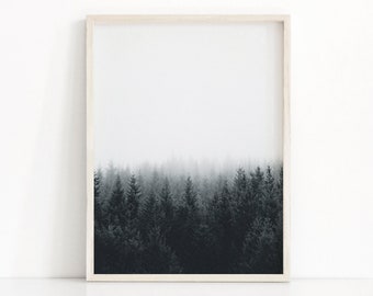 Printable scandinavian forest poster, Foggy landscape print, Scandinavian Wall art decor, Large forest art print, Modern Wall Print, Digital