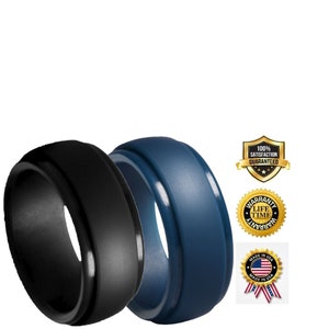 2 Pack Silicone Ring Alternative Ring Outdoor Rugged Lifestyle Ring Black Blue Wedding Band For Men Custom Unique Promise Stepped Edges