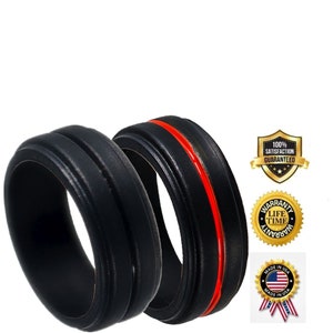 2 Pack Silicone Ring Alternative Ring Outdoor Rugged Lifestyle Ring Red Black Wedding Band For Men Groove Stepped Edges Custom Unique