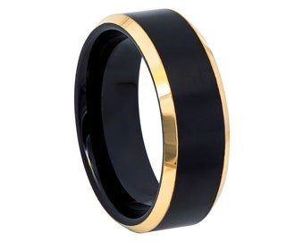Black Tungsten Wedding Band: 18k Yellow Gold Inlay, 8mm Comfort Fit