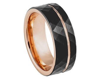 Rose Gold Tungsten Ring Mens Wedding Band 8mm Faceted Ring Black And Rose Gold Wedding Band Man Engagement Ring Hammered Black And Rose Gold