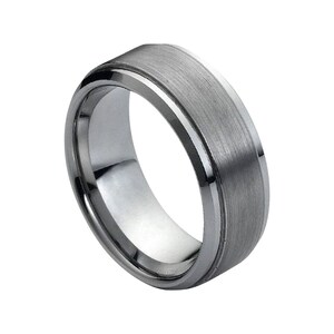 Tungsten Wedding Band Silver Ring Mens Wedding Band 9mm Engagement Ring Brushed Silver Tungsten Carbide Anniversary Polished Stepped Edges
