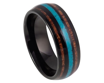 Koa Wood Ring Mens Wedding Band Tungsten Carbide 8mm Engagement Band Man Koa Wood Wedding Band Turquoise Ring For Men Anniversary Promise