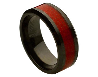 Black Ceramic Ring Mens Wedding Band 8mm Engagement Band Red Carbon Fiber Ring Man Anniversary Ring Red And Black Wedding Band