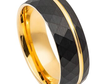 Black Tungsten Wedding Band: Brushed 18k Gold Inlay, 8mm Comfort Fit