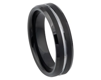 Black Tungsten Carbide Ring: 6mm Silver Inlay Wedding Band
