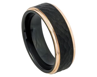 Rose Gold Ring Mens Wedding Band 8mm Engagement Band Black And Rose Gold Tungsten Carbide Hammered 18k Rose Gold Wedding Band Stepped Edges