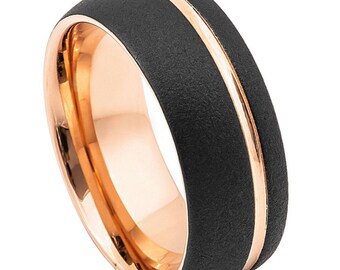 Black Tungsten Carbide Ring: Rose Gold Inlay, Mens Wedding Band