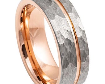 Rose Gold Tungsten Wedding Band: Faceted Hammered Ring, 8mm
