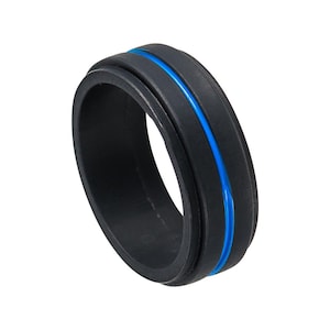 Silicone Ring Alternative Ring Outdoor Rugged Lifestyle Ring Black Blue Wedding Band For Men Blue Center Groove Stepped Edges Custom Unique