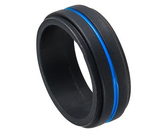 Silicone Ring Alternative Ring Outdoor Rugged Lifestyle Ring Black Blue Wedding Band For Men Blue Center Groove Stepped Edges Custom Unique