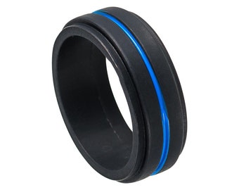 Black Silicone Ring with Blue Groove - Alternative Wedding Band