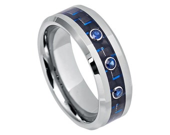 Sapphire Wedding Band Blue Carbon Fiber Ring Mens Wedding Band 8mm Engagement Ring Man Sapphire Ring Tungsten Carbide Mens Sapphire Band