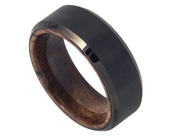 Mahogany Wood Inlay Tungsten Wedding Band - Black Brushed 8mm Ring